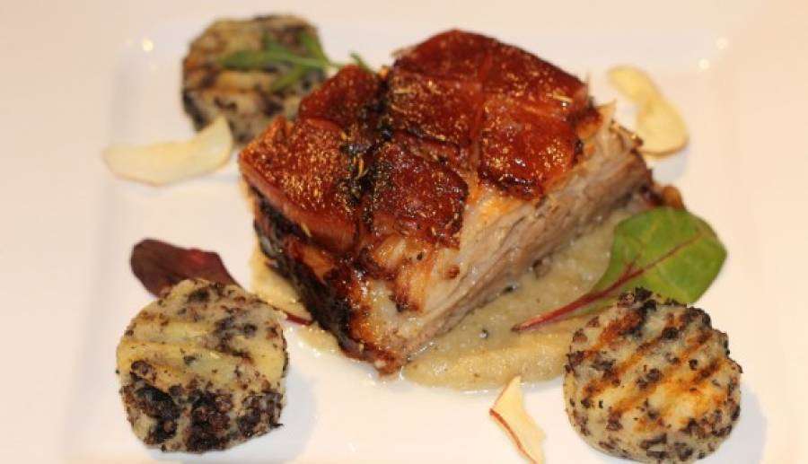 Slow roasted pork belly with Clonakilty Blackpudding potato cakes